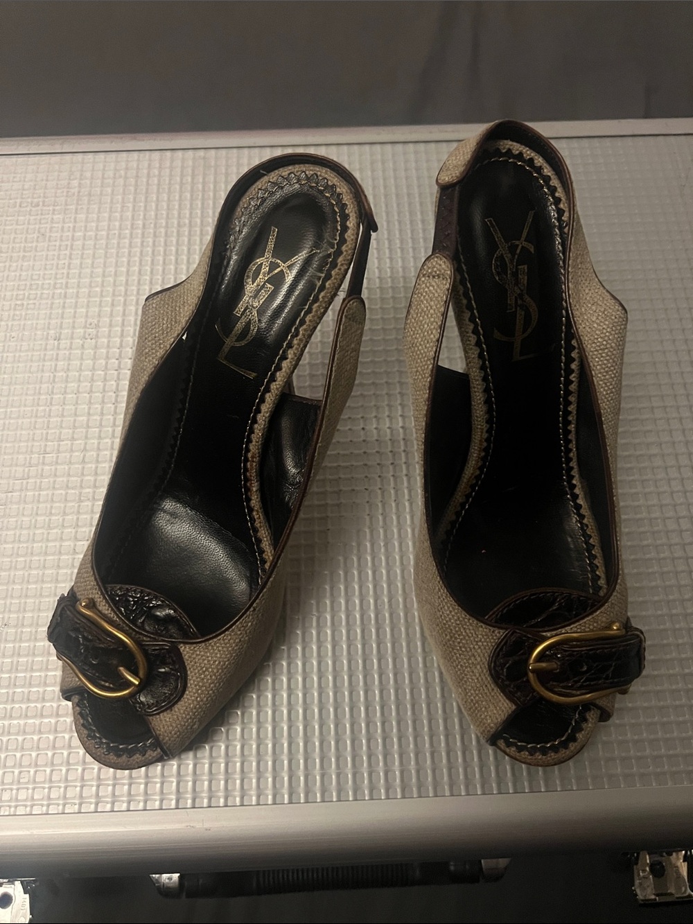 Yves Saint Laurent Beige and Dark Brown Canvas Peep-Toe Slingback Mules